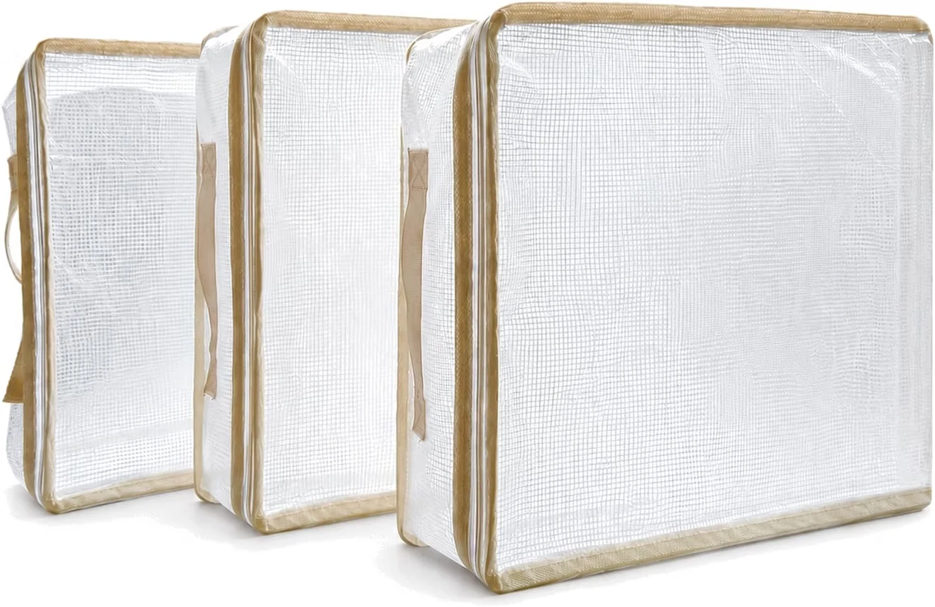 Three clear EMOZNY bed sheet organizer bags with zip closures and handles