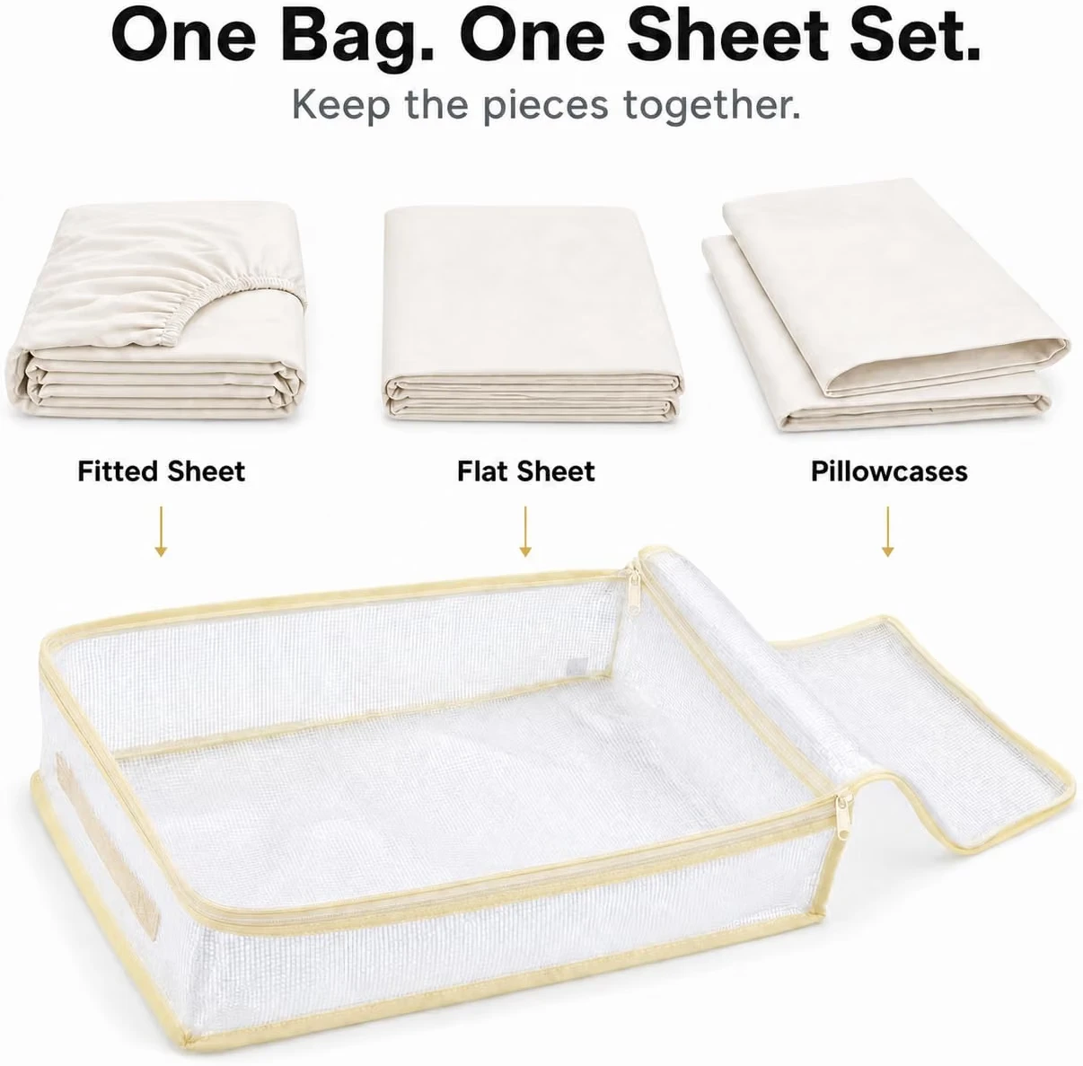 One organizer for a fitted sheet, flat sheet and matching pillowcases