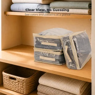 Thumbnail: Three filled clear organizers stored on a linen closet shelf