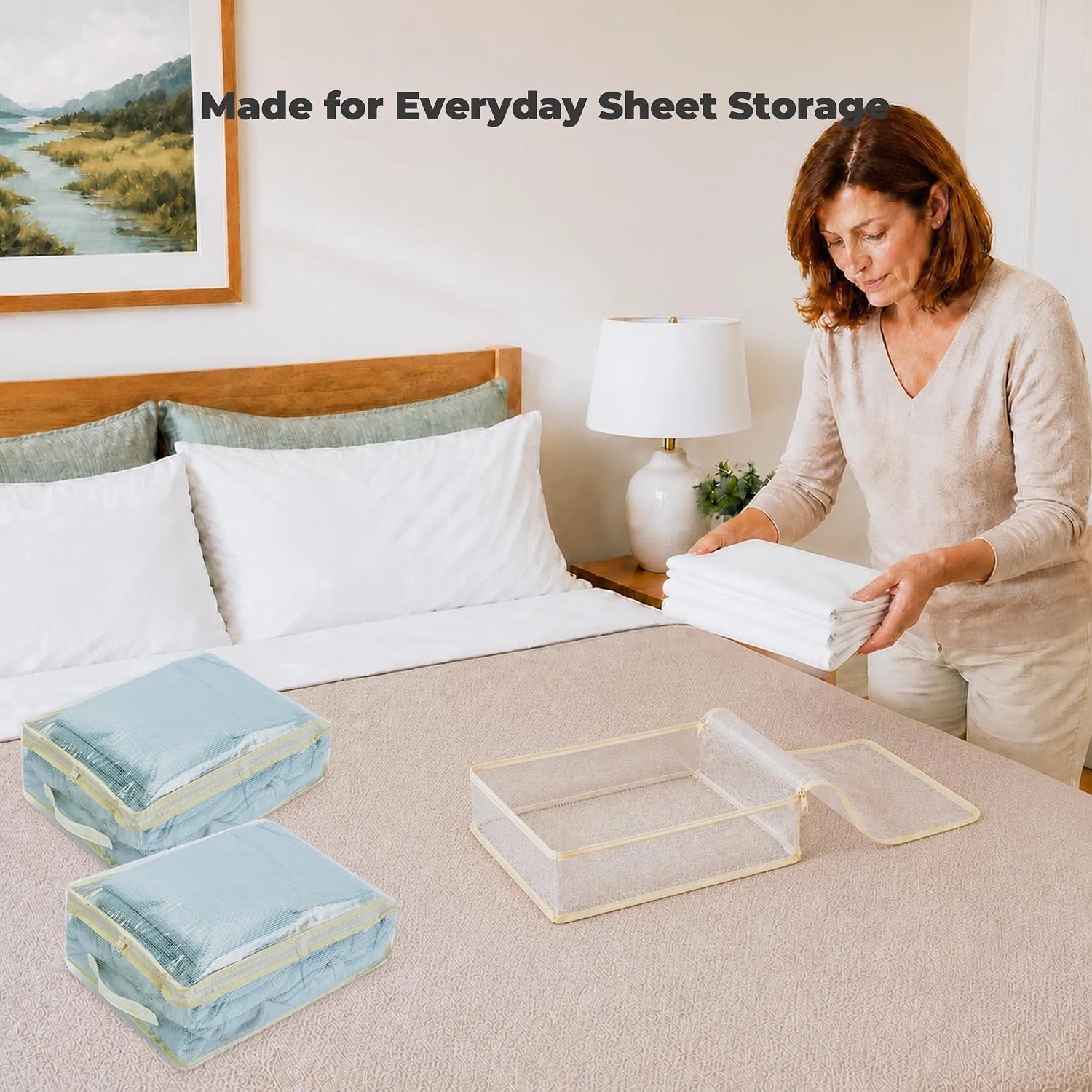 Folding a sheet set beside clear bedding organizers