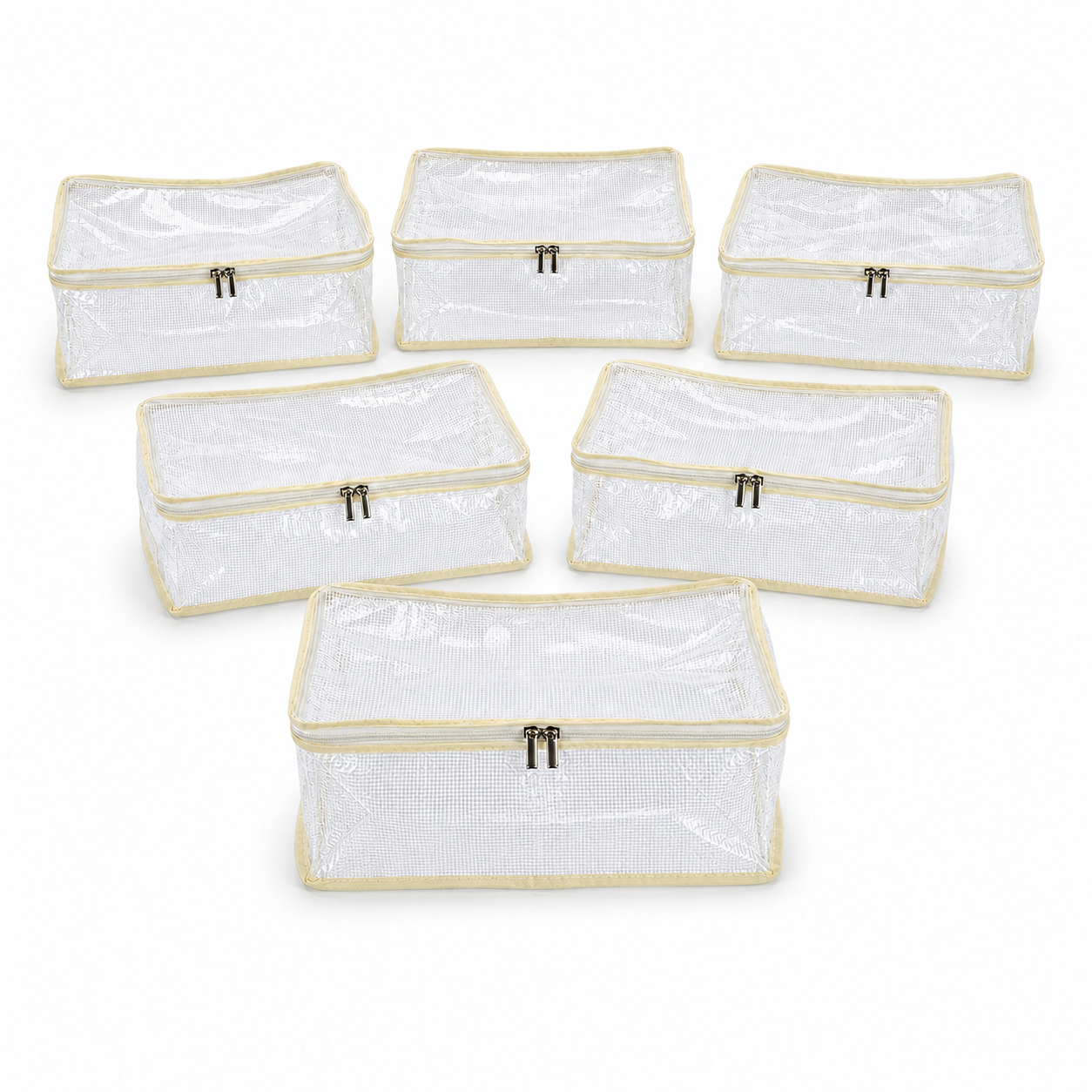 Filled clear soft-sided EMOZNY bed sheet organizer with zipper and side handle
